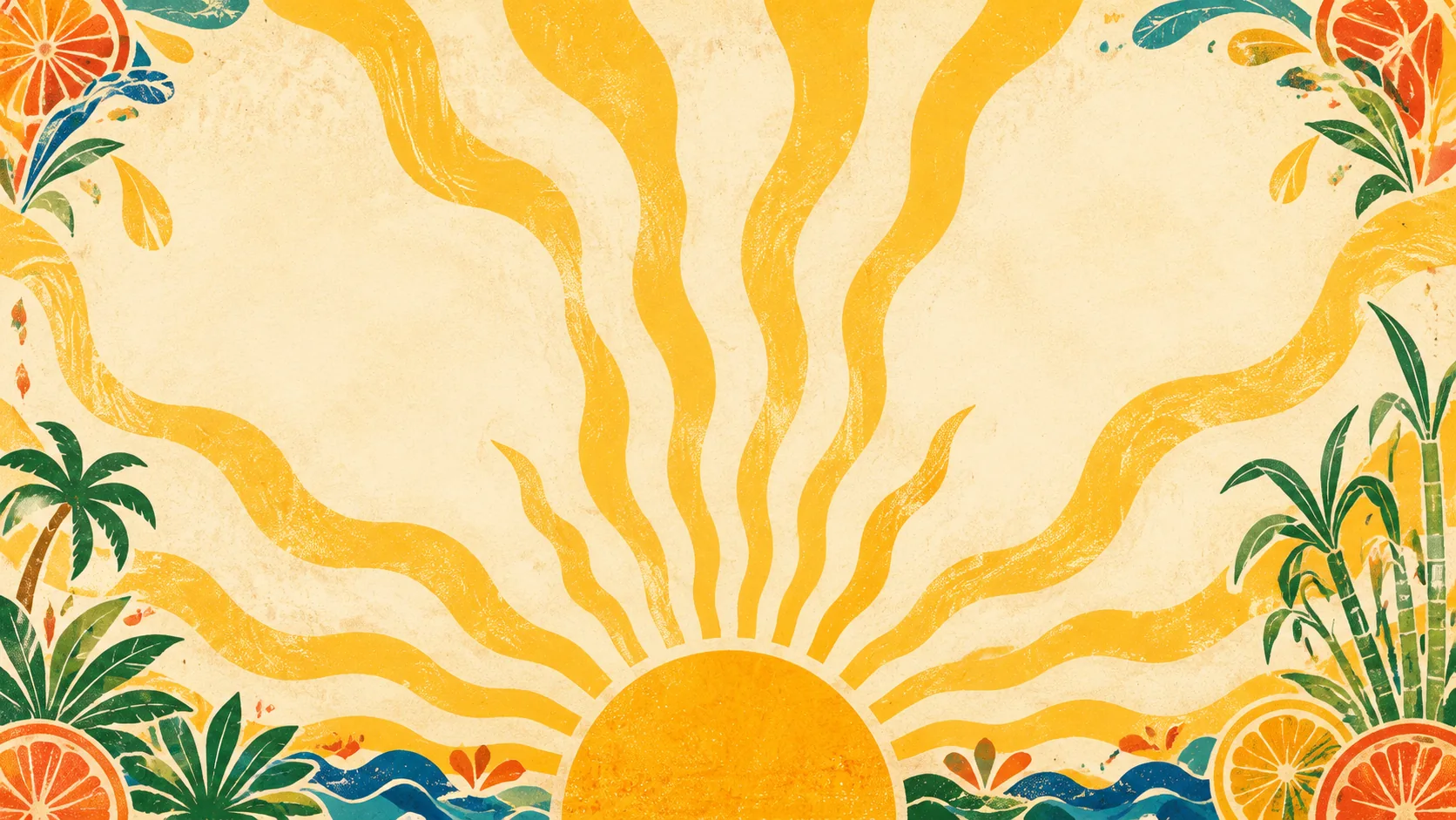Ilustração tropical brasileira com sol, cítricos, folhas e cana-de-açúcar