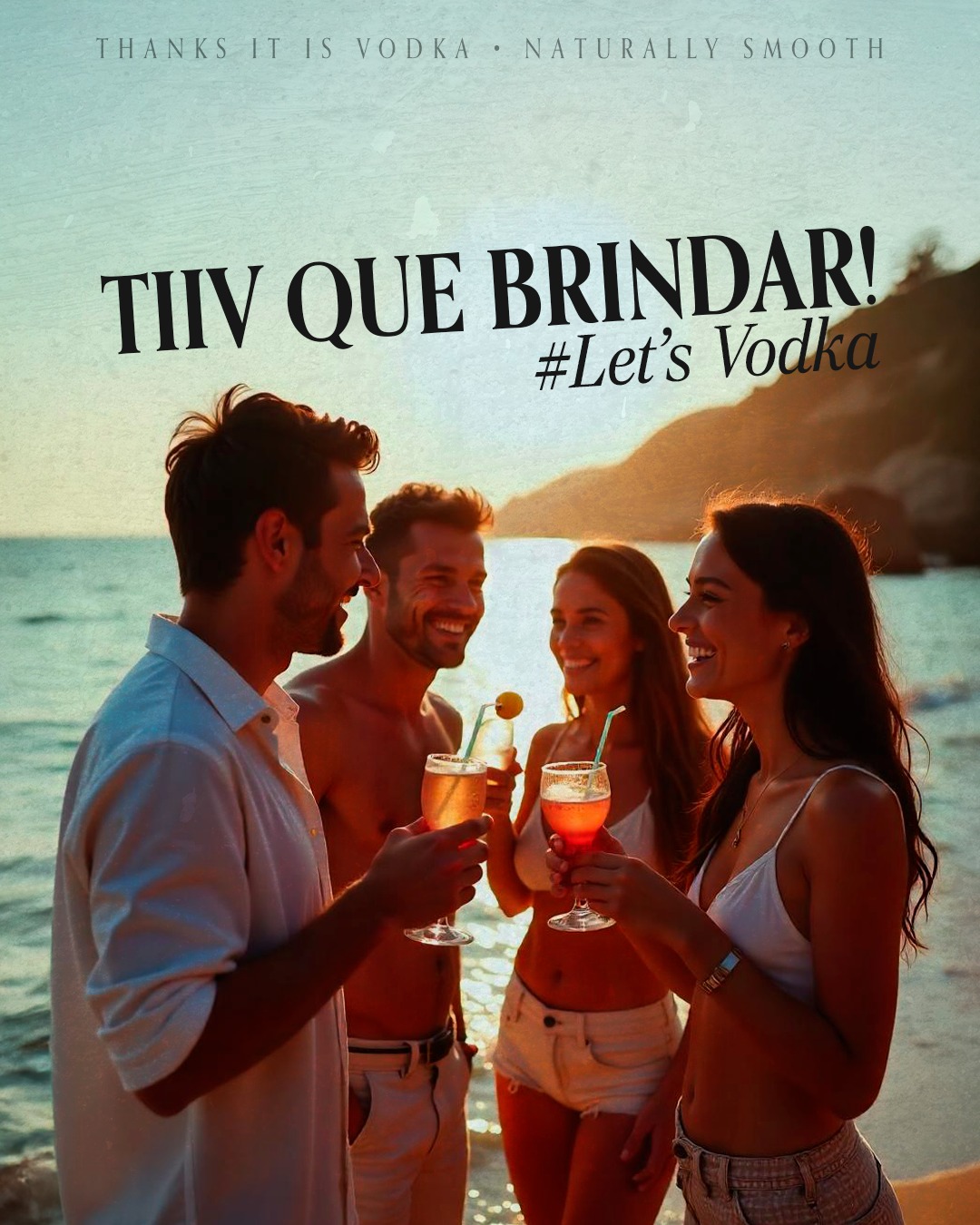 Amigos brindando com Tiiv ao pôr do sol